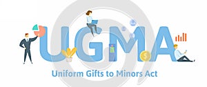 UGMA, Uniform Gifts to Minors Act. Concept with keywords, people and icons. Flat vector illustration. Isolated on white.