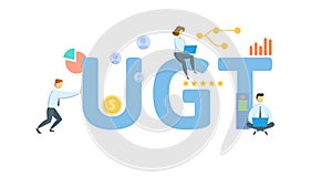 UGT, Urgent. Concept with keyword, people and icons. Flat vector illustration. Isolated on white.