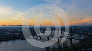 UHD 4k Time Lapse of Colorful Sunrise and Traffic Light Trails Over Downtown City of Portland Oregon