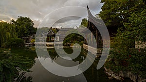 UHD 4k Time Lapse of Moving Clouds and Water Reflection over Lake in Lan Su Chinese Garden in Portland OR