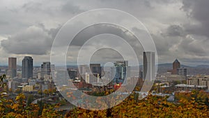 UHD 4K Timelapse movie of thick dark moving clouds over downtown cityscape of Portland Oregon one stormy autumn fall day