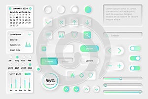 UI button. Kit Neomorphic app isolated elements, calendar UX objects, mobile web interface, template application, icon photo