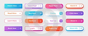UI button. Website rectangular modern action interface elements. App click download and subscribe screen icons for user