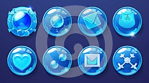 UI buttons with symbols of sound, search, arrows, mail, home, cross and check marks. Modern clipart set of blue UI