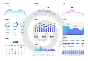 Ui dashboard. Modern infographic with gradient finance graphs, statistics chart and column diagrams. Analysis internet