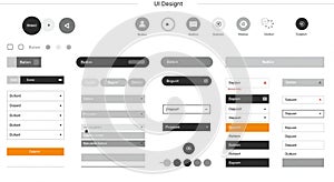 UI design concept featuring various interface elements such as buttons, dropdowns,