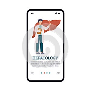 UI design with doctor in white coat and glasses points at liver - flat vector illustration.