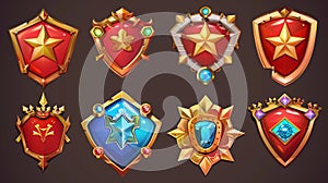 UI design for game level rank progress badge with star, golden frame and gemstones. Cartoon set of evolution stages of