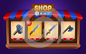 Ui game store frame with weapon icon and button