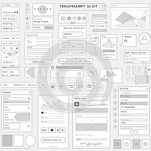 UI kit design layout featuring various interface elements in grayscale. Includes