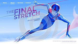 UI or a landing page in speed skating theme of the female skate athlete is exiting the curve into the