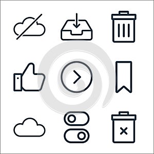 ui line icons. linear set. quality vector line set such as trash, toggle, cloud, bookmark, next, thumbs up, trash, download