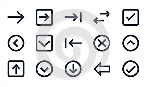 Ui line icons. linear set. quality vector line set such as check mark, down arrow, up arrow, left arrow, down left cross, opposite