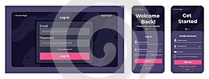 UI register and login page layout. User authentication interface with email and password fields. Sign in and sign up template for