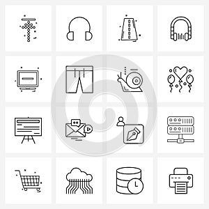 UI Set of 16 Basic Line Icons of screen, earphones, passage, ear buds, track
