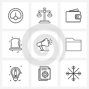 UI Set of 9 Basic Line Icons of business, laud, wallet, speaker, hat