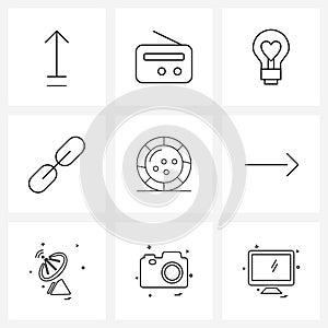 UI Set of 9 Basic Line Icons of kids, tether, bulb, link, chain