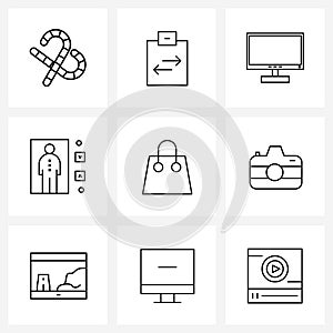 UI Set of 9 Basic Line Icons of ladies, travel, computer screen, stairs, building