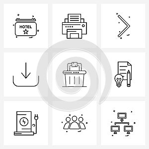 UI Set of 9 Basic Line Icons of supermarket, shopping, arrows, minimarket, download