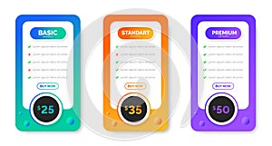 UI UX app pricing chart table Subscription design or website Pricing chart table design template. Product Plan Offer Price
