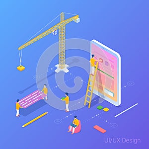 UI UX Design App Development Isometric Flat vector illustration. People working building interface in Mobile Phone Smartphone