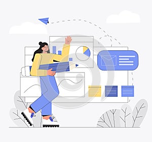 UI UX design concept of creating an application. Process of creating website template and programming. Happy young