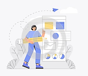 UI UX design concept of creating an application. Process of creating website template and programming. Happy young