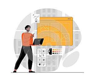 UI UX design concept. Man create layout and optimize elements, testing user app interface. Illustration with people