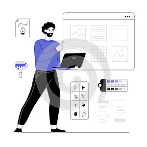 UI UX design concept. Man create layout and optimize elements, testing user app interface. Vector