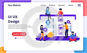 UI UX design concept, people creating an application design, content and text place. Modern flat web page design for website and