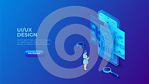 UI UX design concept with smartphone, woman and magnifier. Dark isometric vector illustration