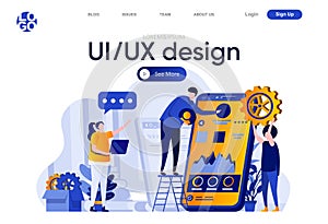 UI UX design flat landing page. Developers team together creating interface of mobile application vector illustration. Responsive