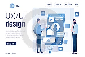 UI, UX design landing page template. Group of designers or programmers creates mobile app. Coding and software application