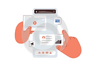 Ui UX design of mobile phone application. Hands creating abstract social media app interface, making layout, arranging