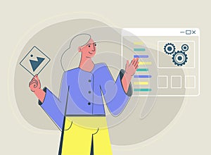 UI UX design, process of creating website template and programming. Happy young smiling female character