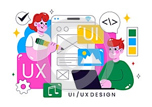 Ui Ux Design Vector Illustration Featuring Application and Software Website Development with App Coding in a Flat Style Cartoon