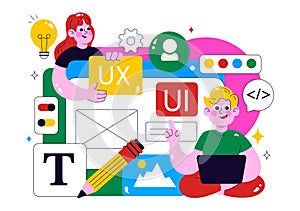 Ui Ux Design Vector Illustration Featuring Application and Software Website Development with App Coding in a Flat Style Cartoon