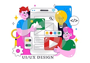 Ui Ux Design Vector Illustration Featuring Application and Software Website Development with App Coding in a Flat Style Cartoon