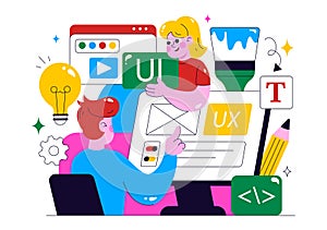 Ui Ux Design Vector Illustration Featuring Application and Software Website Development with App Coding in a Flat Style Cartoon