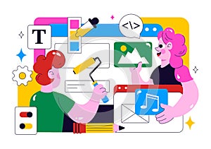 Ui Ux Design Vector Illustration Featuring Application and Software Website Development with App Coding in a Flat Style Cartoon