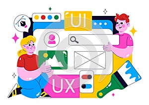 Ui Ux Design Vector Illustration Featuring Application and Software Website Development with App Coding in a Flat Style Cartoon