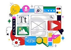 Ui Ux Design Vector Illustration Featuring Application and Software Website Development with App Coding in a Flat Style Cartoon