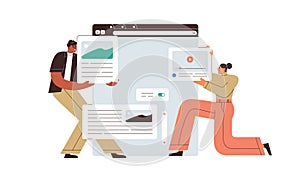 UI UX design of website page interface. Web designers creating layout of webpage elements. People making, arranging