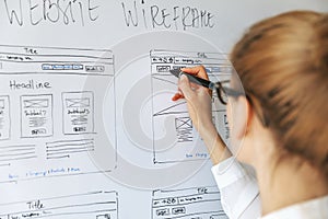 UI UX designer drawing new website wireframe