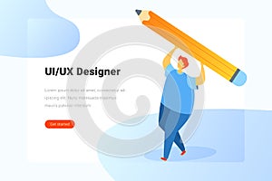 Ui UX Designer Holding Pencil Flat vector illustration. Landing Page design template