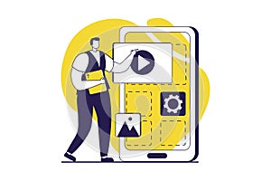 UI and UX designers web concept with flat people for website design. Man creating layout interface and menu for mobile application