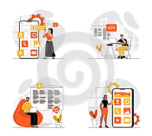 UI UX development concept with character set. Vector illustrations