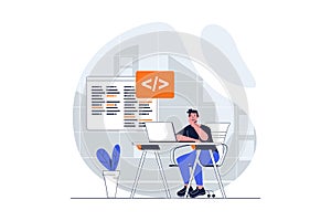 UI UX development web concept with character scene. Man creating code and working with testing prototype. People situation in flat