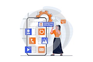 UI UX development web concept with character scene. Woman creating mobile interface and placing elements. People situation in flat