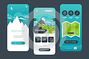 UI, UX, GUI wireframe set collection of travels app interface.